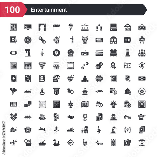 100 entertainment icons set such as carousel horse, gold ticket, hopscotch, bottles ball, shoot duck, swan boat, sandbox, spinning wheel, pom pom