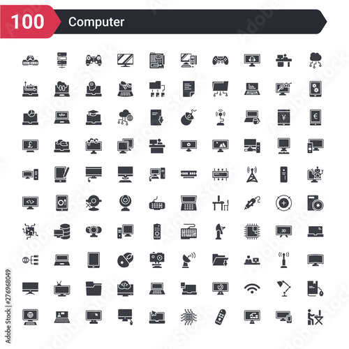 100 computer icons set such as work station, industrial, tv remote, chips, notebook and mouse cursor, monitor and computer mouse, monitor with mouse cursor, video lecture, surfing the net
