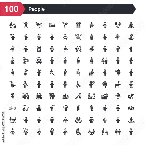 100 people icons set such as heads, public fountain, children on teeter totter, wheelchair side view, carnival masks, woman portrait, policeman figure, worker with harness, seat belt on