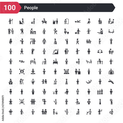 100 people icons set such as layer working, garderner, landkeeper, cook, curier, family board games, constructor, ninja portrait, sumo fighter