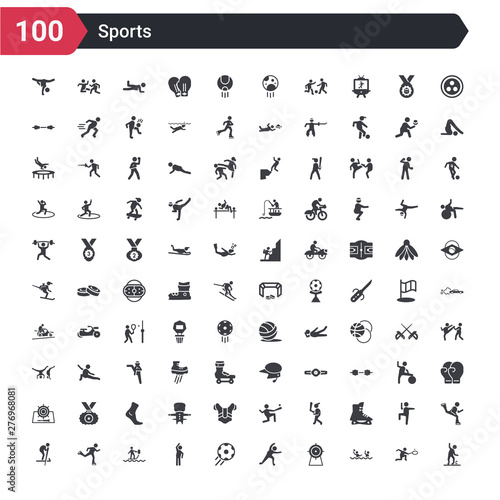 100 sports icons set such as sprained ankle, waterpolo, bullseye, stretching, football ball, left bend, jet surfing, ice skating, jumping ski