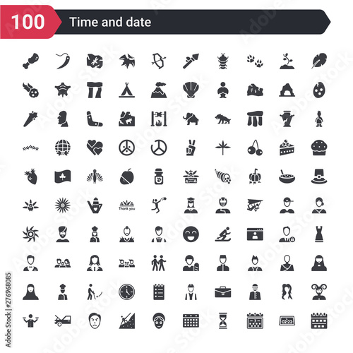100 time and date icons set such as weekly calendar, week, sandglass clock, month calendar, face treatments, extreme sports, anger, hood open, feasibility