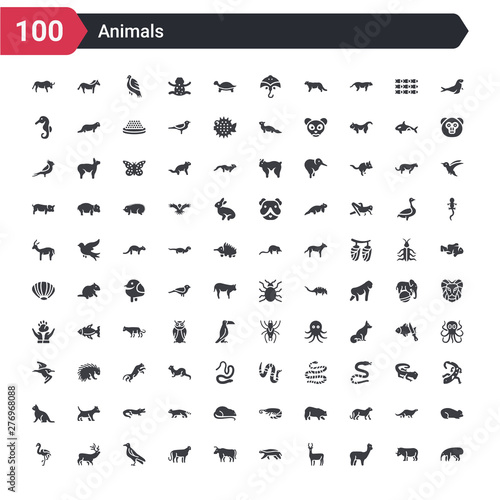 100 animals icons set such as anteater  alpaca  antelope  badger  bull  cheetah  crow  elk  flamingo
