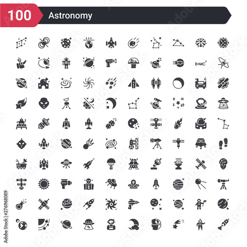 100 astronomy icons set such as rocket start, shooting star, death star, big moon, astronaut user, ufo and cow, saturn, galaxy view, earth and moon