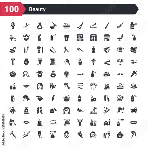 100 beauty icons set such as legs, make up, face cleanser, cream, face mask, nail polish, concealer, curler, razor