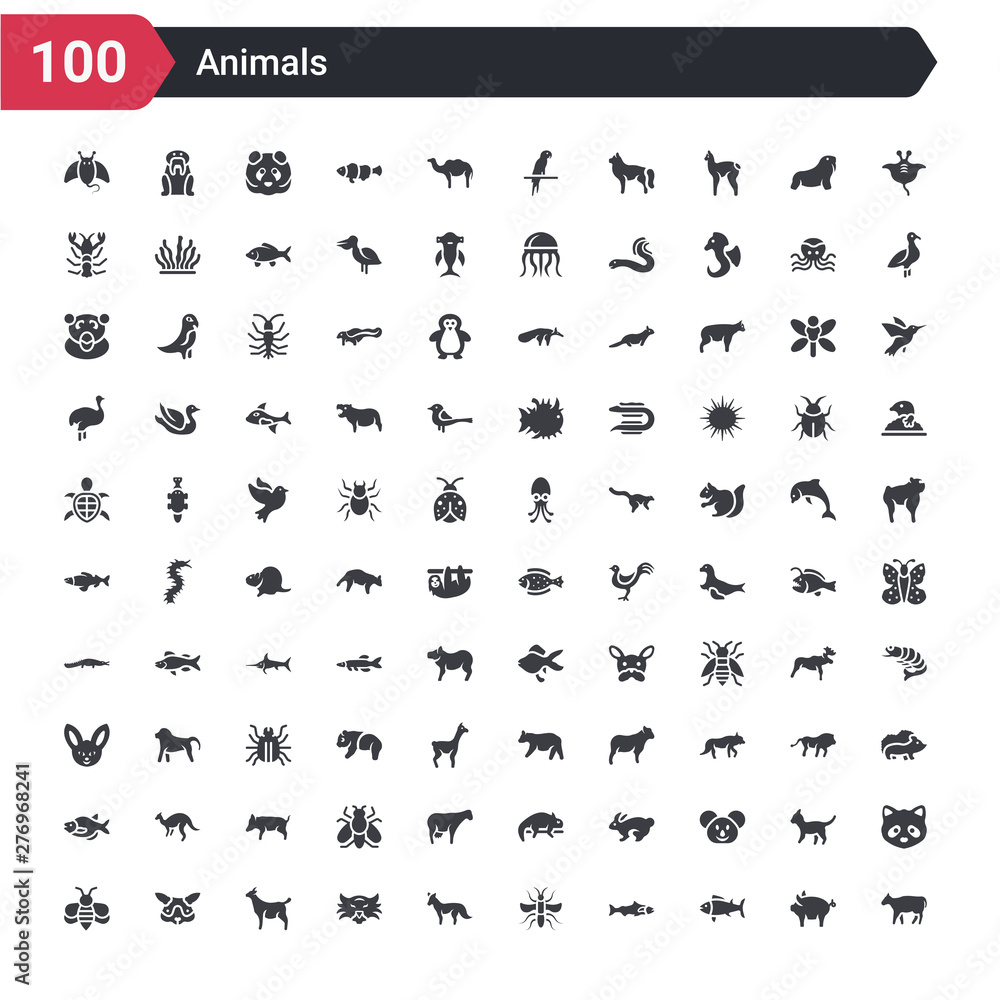 100 animals icons set such as cow, tuna, salmon, mosquito, fox, tiger, goat, guinea pig heag, bee 100 animals icons set such as cow, tuna, salmon, mosquito, fox, tiger, goat, guinea pig heag, bee