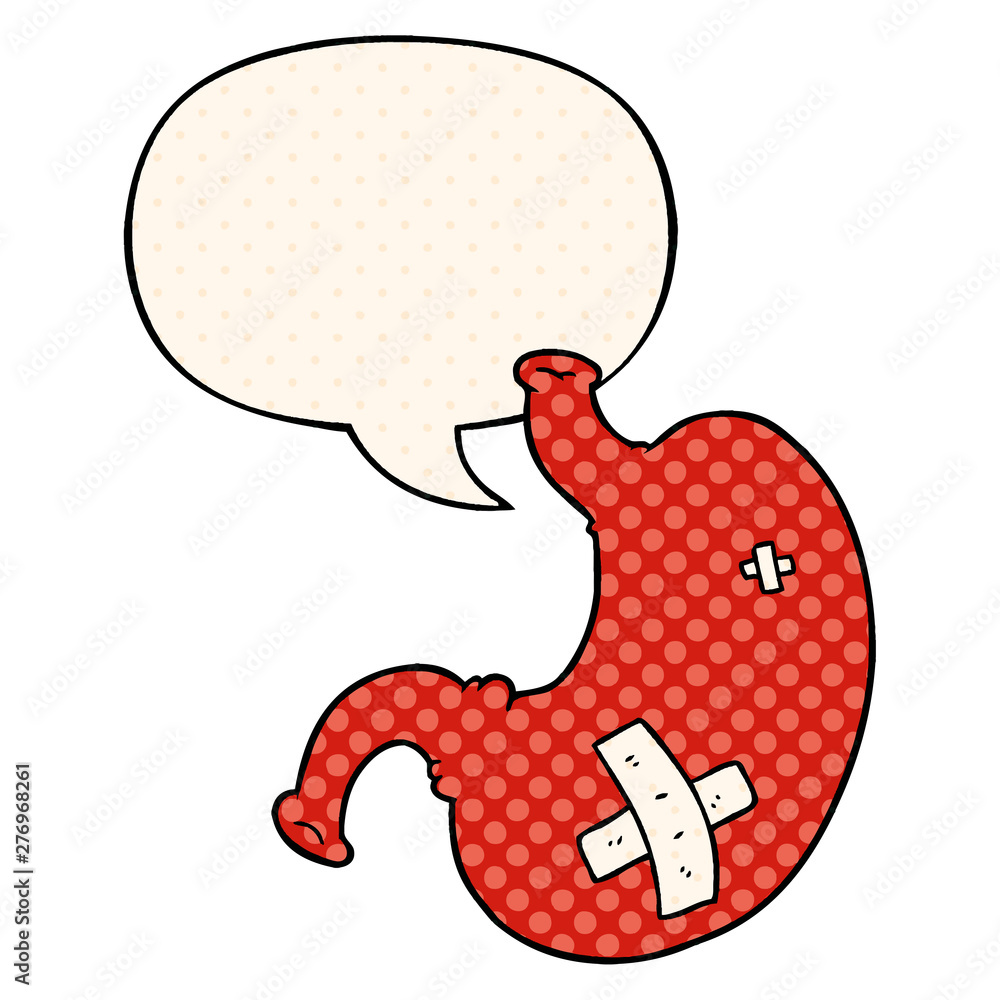 cartoon stomach and speech bubble in comic book style