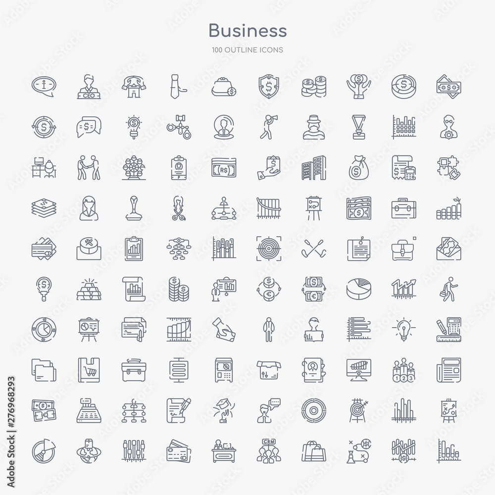 100 business outline icons set such as graphs, strategic, shopping bags, customer relationship management, director desk, bank card, tones, logistic