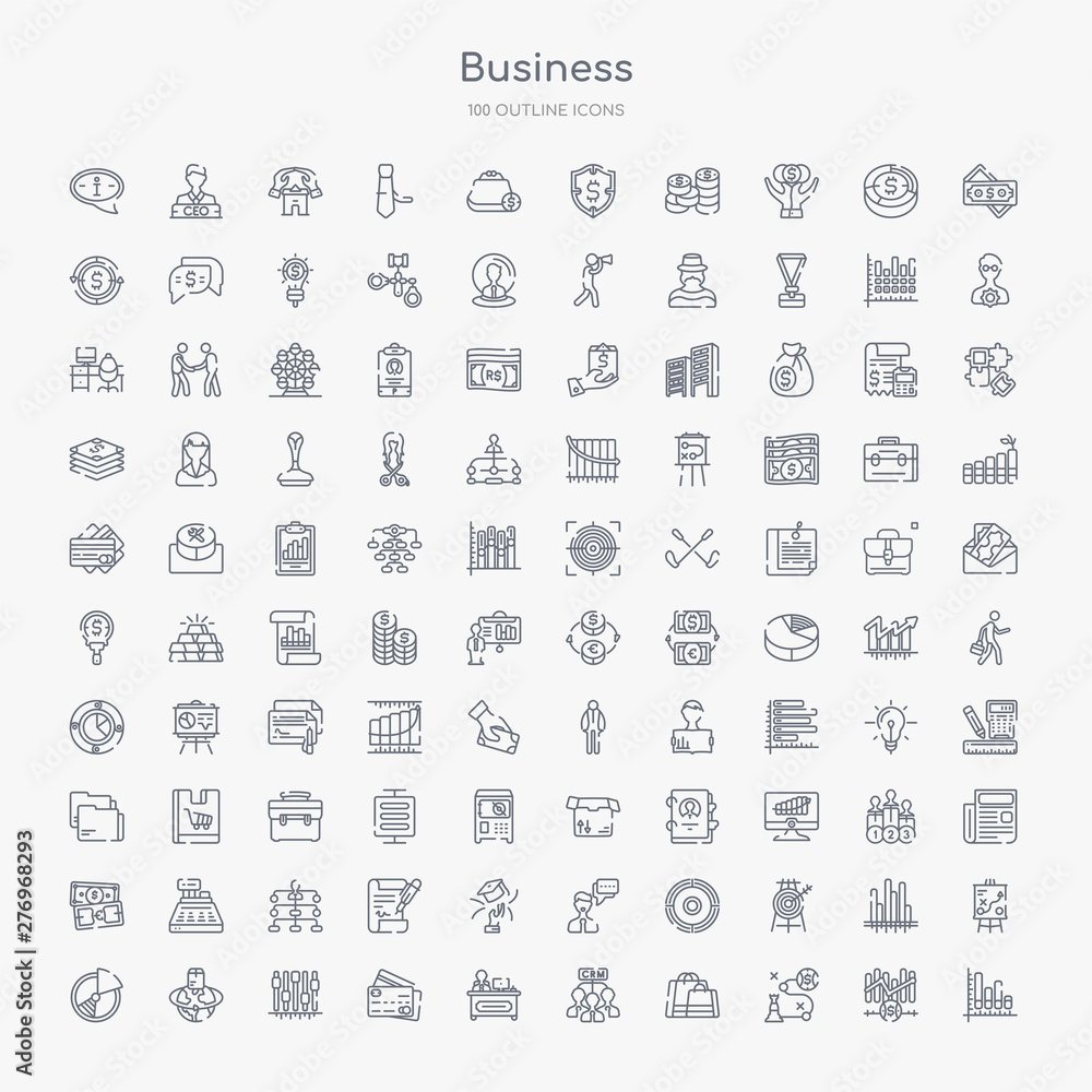 100 business outline icons set such as graphs, strategic, shopping bags, customer relationship management, director desk, bank card, tones, logistic 100 business outline icons set such as graphs, strategic, shopping bags, customer relationship management, director desk, bank card, tones, logistic