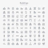 100 buildings outline icons set such as toilet side view, bed 3d view, hook hanging material, fire in the house, office block, college, wellness center, spa salon