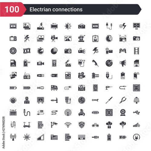 100 electrian connections icons set such as plug, battery, lan, ethernet, sms, full, medium, scheme,