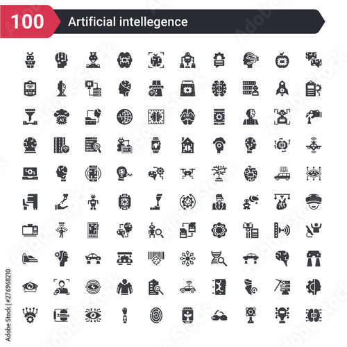 100 artificial intellegence icons set such as ai brain, ar camera, ar monocle, artificial atmosphere, biometrics, bionic arm, bionic eye, body scan, cloud intelligence