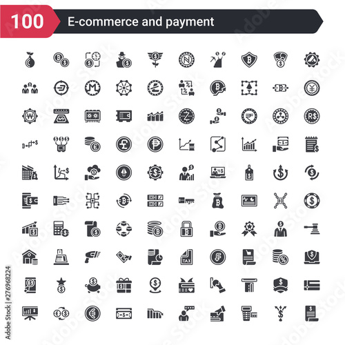 100 e-commerce and payment icons set such as bills, card machine, card payment, customer review, decrease, dollar bill, euro, exchange rate, financial presentation