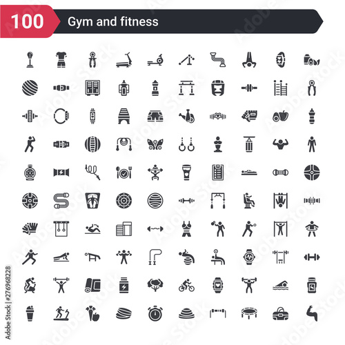 100 gym and fitness icons set such as muscles, trampoline, resistance, bosu ball, big stopwatch, pill and tablet, carrot and apple, running treadmill, protein shake