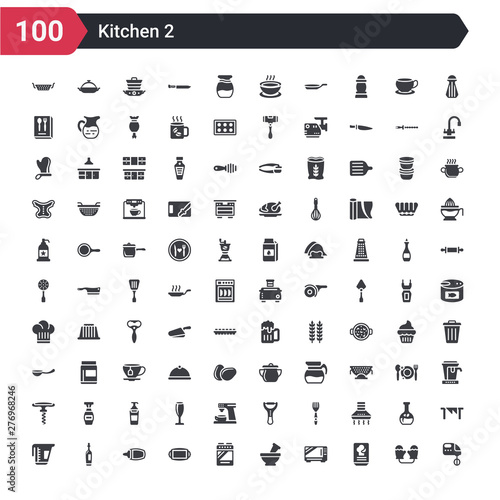 100 kitchen icons set such as mixer, recipe, microwave oven, mortar, stove, tray, kitchen board, wine bottle, measuring cup