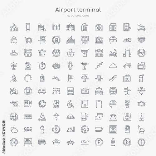 100 airport terminal outline icons set such as danger sing, trip luggage, parking square, departures flights, plane front view, pilot hat, airport bus, waiting for flight