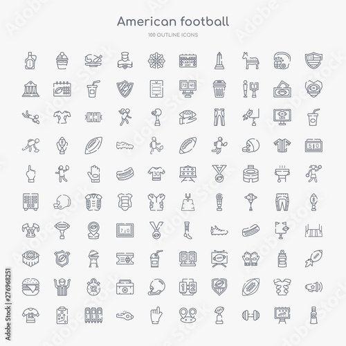 100 american football outline icons set such as bottle of water, barbell, american football cup, position, foam finger, whistle, lockers, trainer