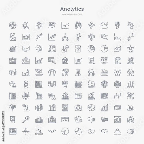100 analytics outline icons set such as venn diagram, loop, interlocking, infographic, sweep, hexagon, arrows, tangent
