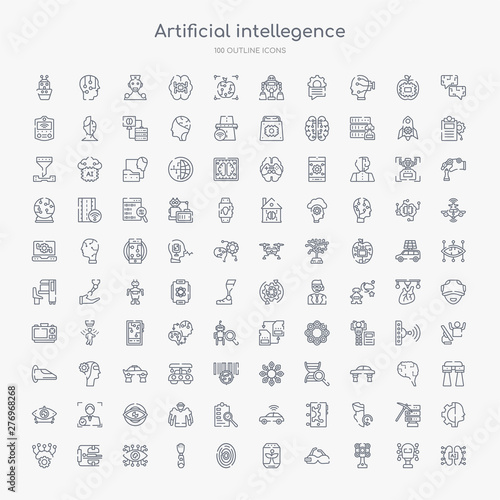 100 artificial intellegence outline icons set such as ai brain, ar camera, ar monocle, artificial atmosphere, biometrics, bionic arm, bionic eye, body scan