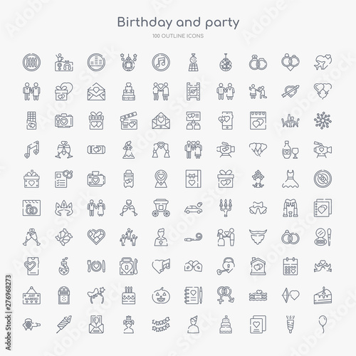 100 birthday and party outline icons set such as air balloon, greeting card, birthday, birthday boy, flag, girl, invitation, rocket