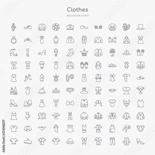 100 clothes outline icons set such as heels, trouser, pijama, corset, bowler, jersey, housecoat, beret