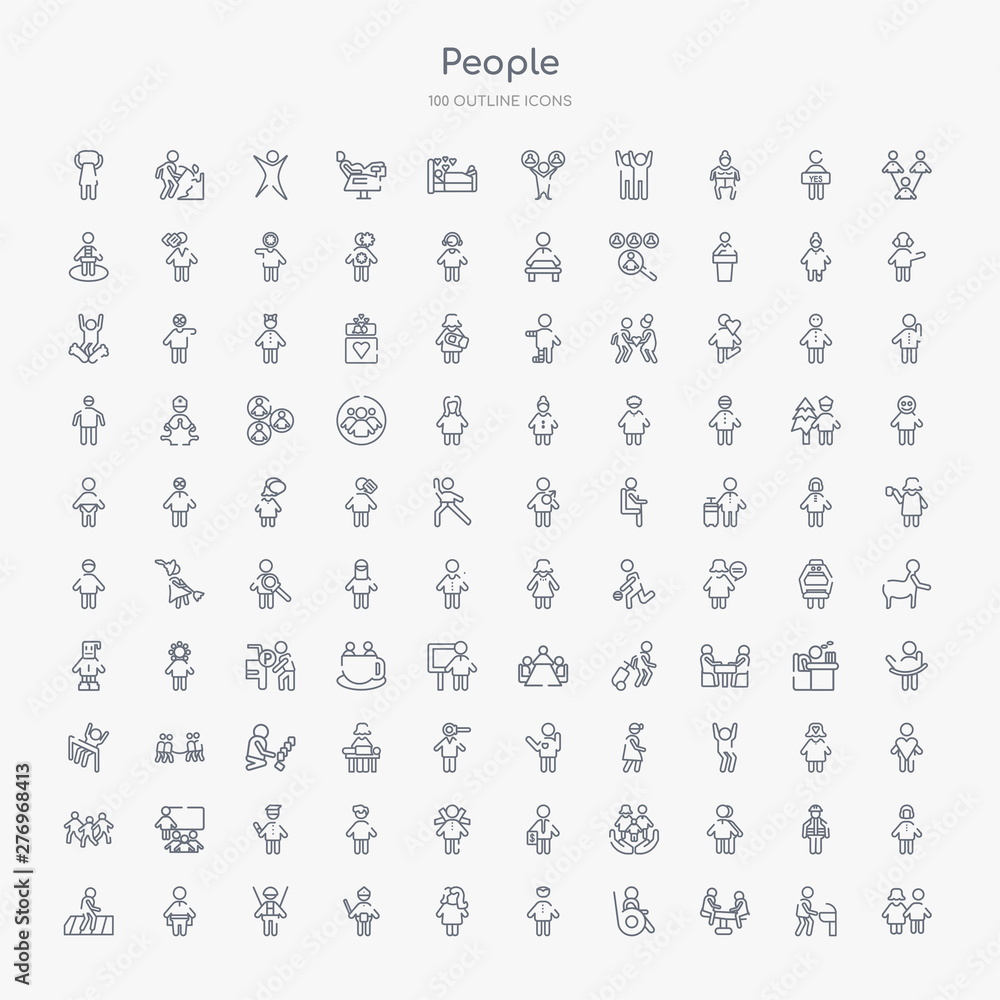Obraz premium 100 people outline icons set such as girl and boy, children on teeter totter, wheelchair side view, carnival masks, woman portrait, policeman figure, worker with harness, seat belt on