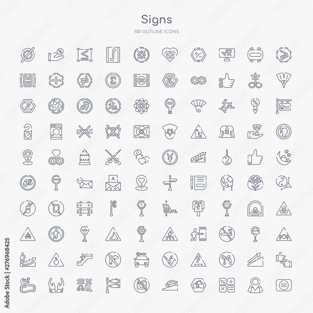 100 signs outline icons set such as is identical with, mathematics, broken glasses, ramp, no camera, koinobori, horoscope, zuhar prayer