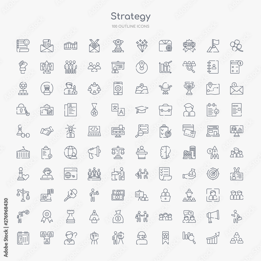 100 strategy outline icons set such as collaboration, analysis, award, customer, presentation, planning, question, connection