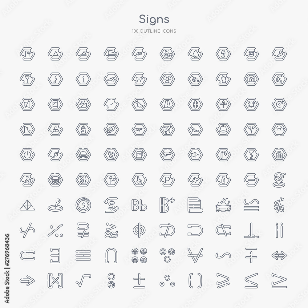 100 signs outline icons set such as is equal to or greater than, is greater than or equal to, parentheses grouping, therefore, plus less, reason, square root, absolute