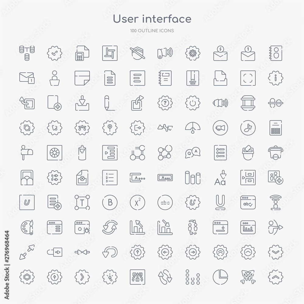 100 user interface outline icons set such as up chevron, pie chart organization, line dot chart, update arrows, abc item chart, cursor arrow, right button, top button