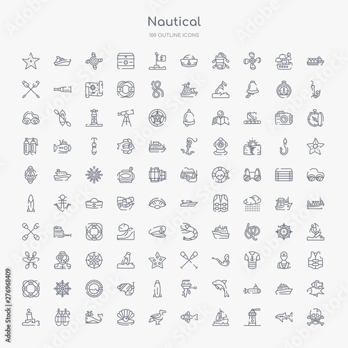 100 nautical outline icons set such as skull and bones, lighthouse, sailboat, fish, seagull, pearl, whale, oxygen tank