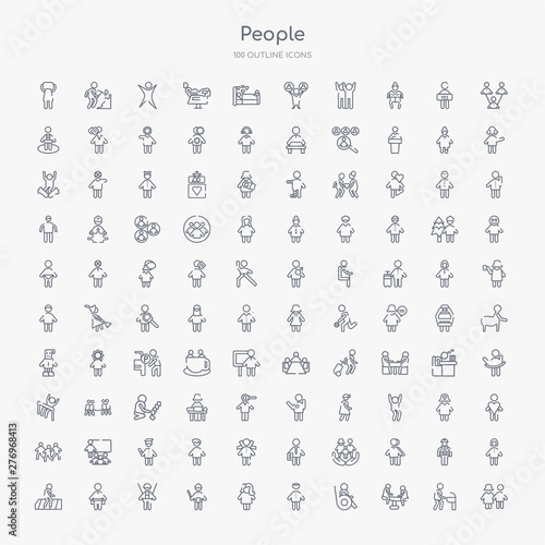 100 people outline icons set such as girl and boy, children on teeter totter, wheelchair side view, carnival masks, woman portrait, policeman figure, worker with harness, seat belt on