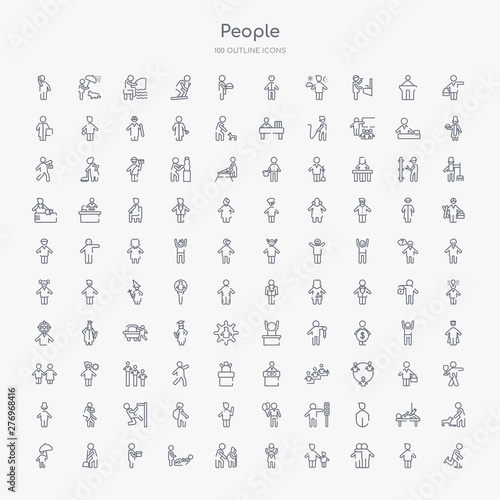 100 people outline icons set such as ski stick man, hugging, hand of an adult, heart in hands, help the elderly, person giving assistance, men carrying a box, sweeping person