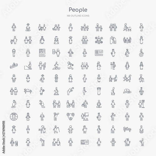 100 people outline icons set such as spindle, aviation, bearded woman, identification card with picture, male user, elder, cough, hips