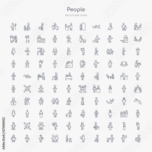 100 people outline icons set such as layer working, garderner, landkeeper, cook, curier, family board games, constructor, ninja portrait