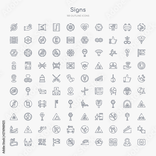 100 signs outline icons set such as is identical with, mathematics, broken glasses, ramp, no camera, koinobori, horoscope, zuhar prayer