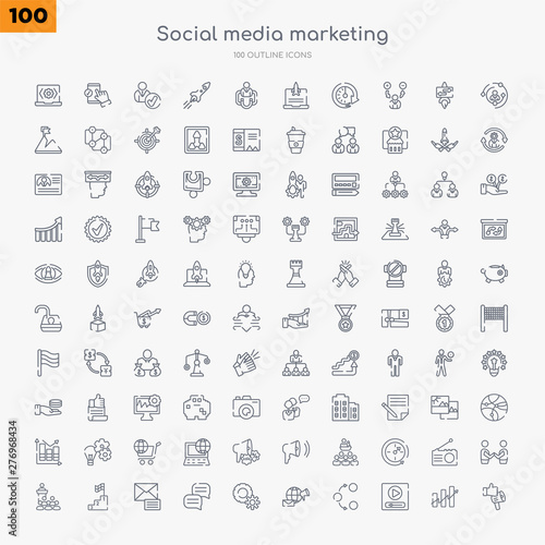 100 social media marketing outline icons set such as ads, video player, photo share, marketing, options, feedback, message, success