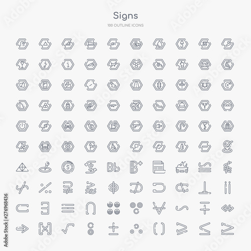 100 signs outline icons set such as is equal to or greater than, is greater than or equal to, parentheses grouping, therefore, plus less, reason, square root, absolute