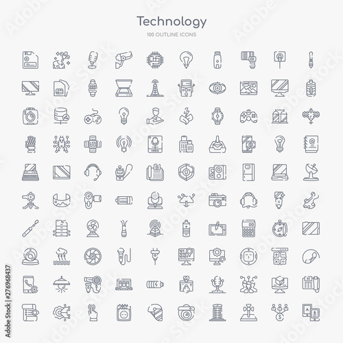 100 technology outline icons set such as a/b testing, cross stuck in ground, phone box, surveillance camera, face shield, electric socket on fire, touchscreen, technology
