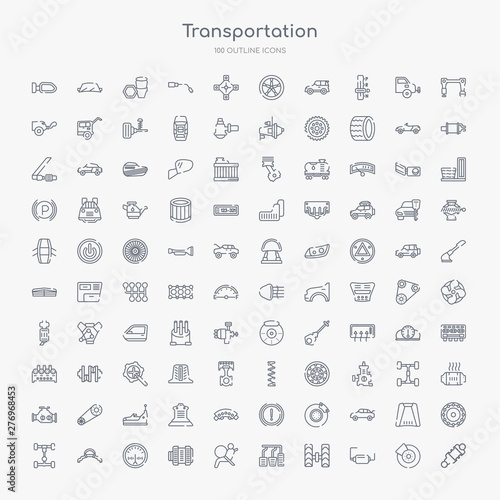 100 transportation outline icons set such as damper  exhaust pipe  wheel alignment  car accelerator  car air bag  car alternator  ammeter  anti-roll bar