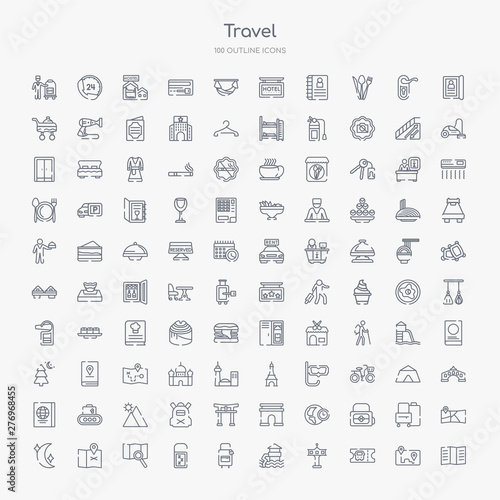 100 travel outline icons set such as brochure, bus ticket, control tower, waterpark, secure briefcase, sleeping, unfolded map, unfolded map with location mark