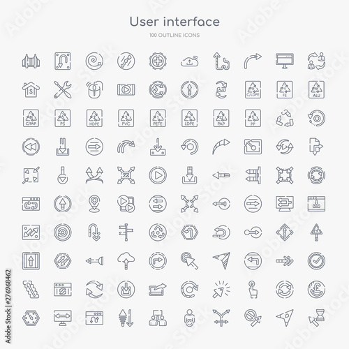 100 user interface outline icons set such as wait cursor, forbidden cursor, crossroad, exchange personel, industrial action, sorting, bending, gap