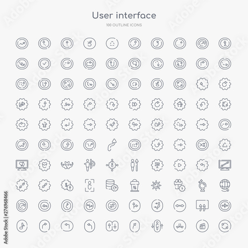 100 user interface outline icons set such as continuous, move content, lift, right curve, elevator arrows, turn left only, left curve, right turn