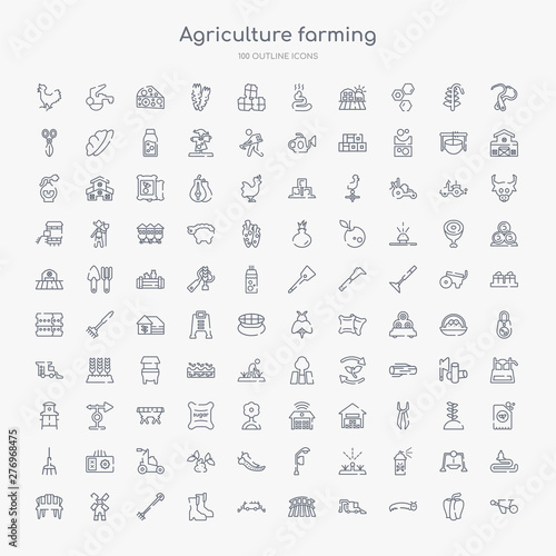 100 agriculture farming outline icons set such as barrow, caterpillar, combine harvester, farm field, farm trailer, farmer boots, farming fork, flour mill
