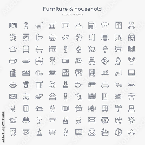 100 furniture & household outline icons set such as dinner table, pillows, floor, night stand, cuckoo clock, couch, bird cage, curtains