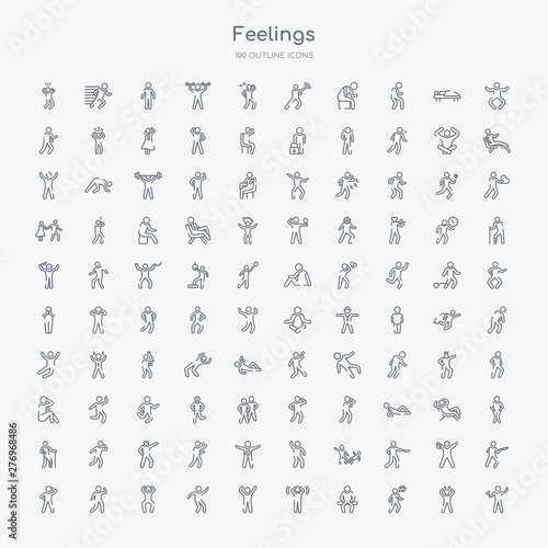 Fototapeta Naklejka Na Ścianę i Meble -  100 feelings outline icons set such as accomplished human, alive human, alone human, amazed amazing amused angry annoyed