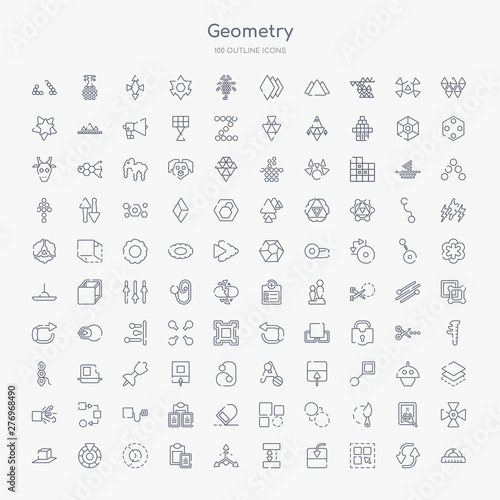 100 geometry outline icons set such as measure, select all, import, dimension, axis, paste clipboard, rotate, color wheel