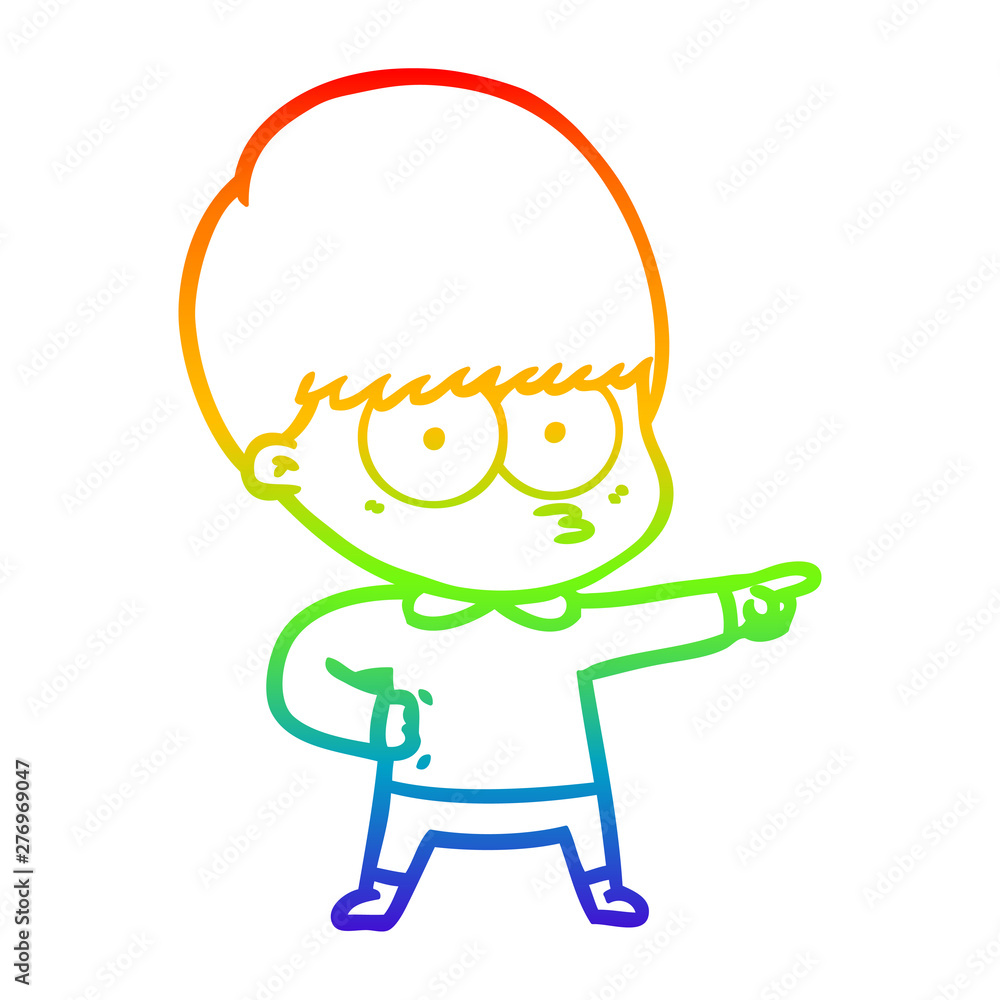 rainbow gradient line drawing nervous cartoon boy pointing rainbow gradient line drawing nervous cartoon boy pointing