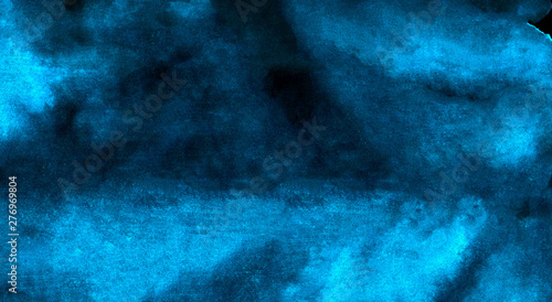 Fototapeta Naklejka Na Ścianę i Meble -  Deep dark glowing blue neon watercolor on black paper illustration. Creative lightning night sky and thunder background. Aquarelle painted ink canvas, cosmic card template for modern design