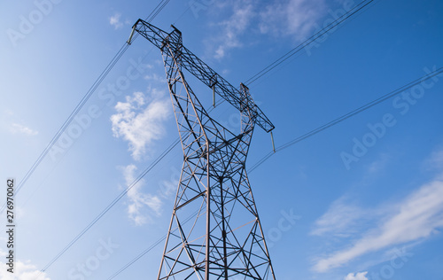 Electricity pylons and lines.